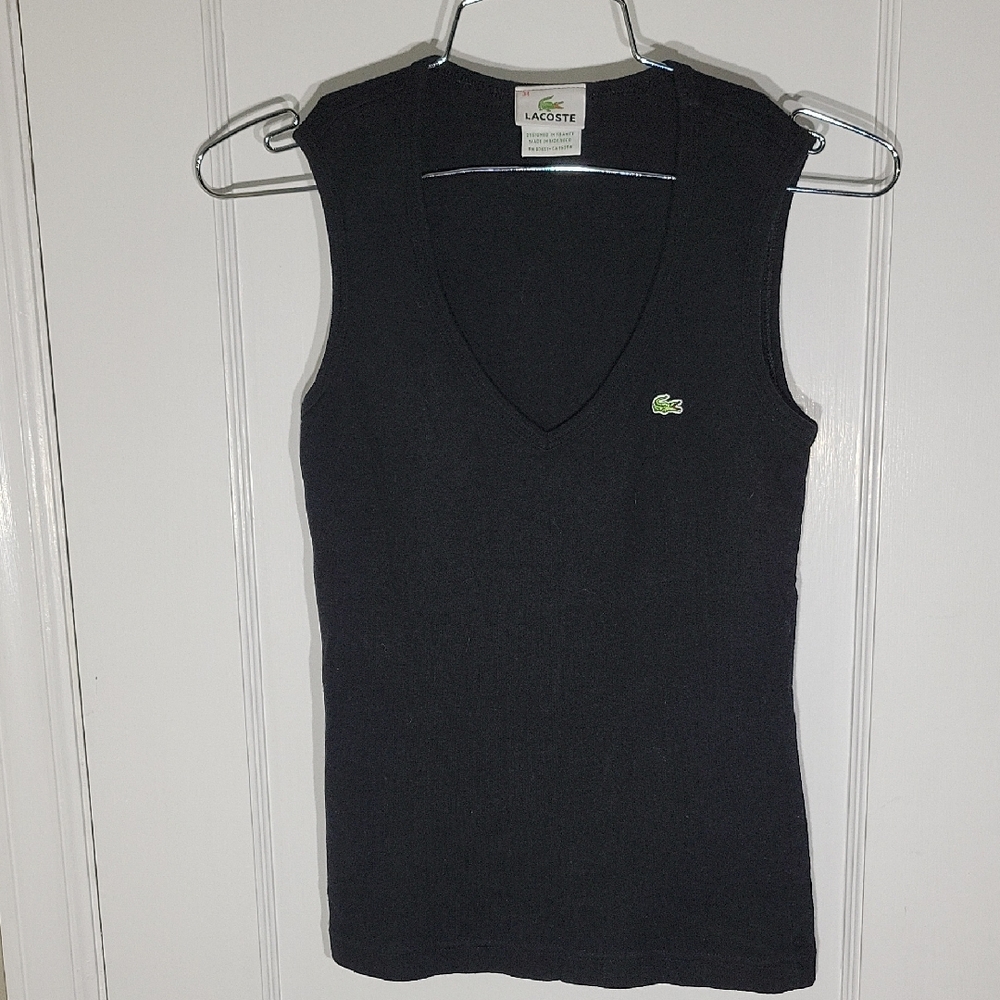 Lacoste Black V-Neck Sleeveless Top 100% Cotton SZ 34